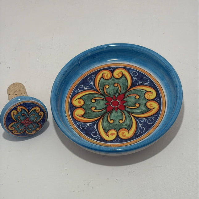 Bottle Stopper + Ceramic Bottle Coaster Gift Set | Hand-Painted Majolica