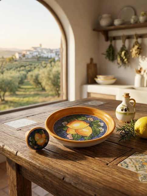 Set Regalo Tappo Bottiglia + Piattino Sottobottiglia in Ceramica | Limoni Dipinti a Mano