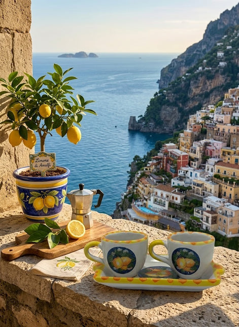 Set Vassoio + 2 Tazzine in Ceramica Artigianale Napoletana - Decoro Limoni