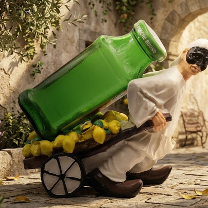 Pulcinella Portabottiglie in Resina con Carretto, Statuetta Artigianale Napoletana, Variante Limoni o Uva, Idea Regalo