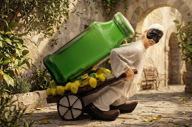 Pulcinella Portabottiglie in Resina con Carretto, Statuetta Artigianale Napoletana, Variante Limoni o Uva, Idea Regalo