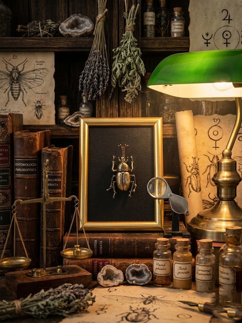 Quadro 3D Scarabeo Ercole in Cornice Verticale Oro – Fatto a Mano, Decorazione Appesa/Mensola
