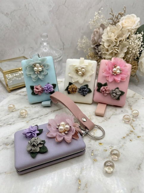Foldable Handbag Mirror with 3D Flowers and Pearls 4 Colors - Elegant and Romantic
