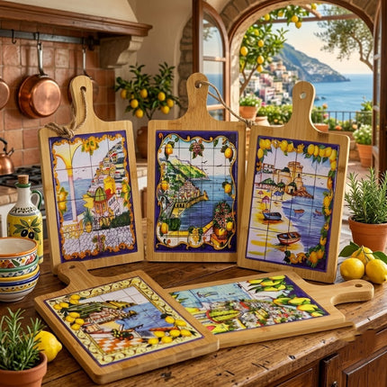 Tagliere Esclusivo in Legno e Ceramica Dipinta a Mano - Made in Italy