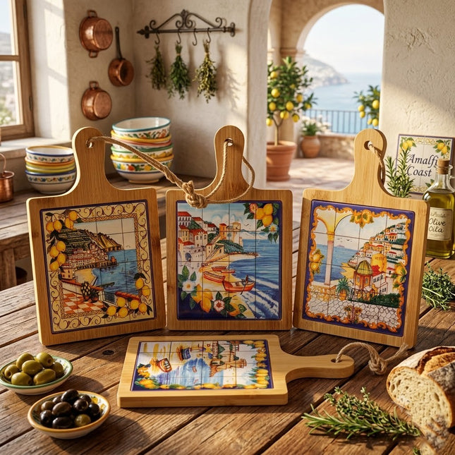 Wooden and Vietri Ceramic Cutting Board, Amalfi Coast Appetizer Tray with Lemons, Rustic Decorative Trivet, Italy Souvenir