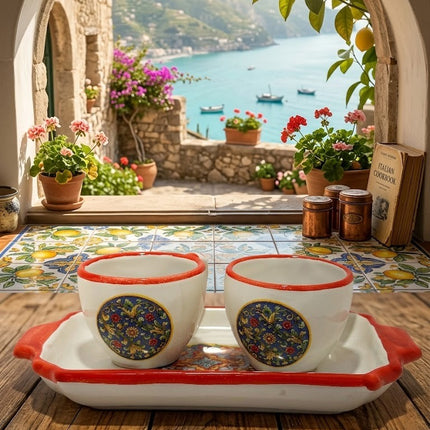 Set Vassoio + 2 Tazzine in Ceramica Artigianale Napoletana - Decoro Maioliche