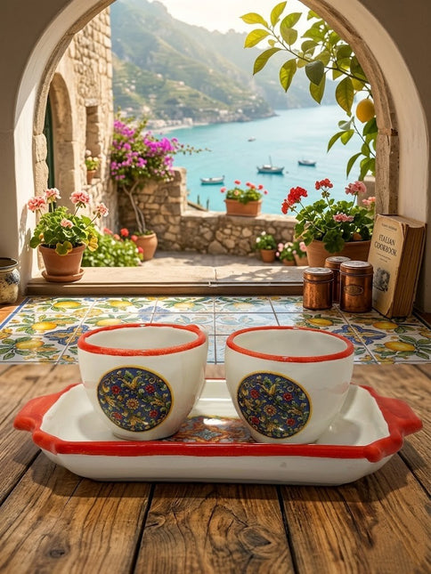 Set Vassoio + 2 Tazzine in Ceramica Artigianale Napoletana - Decoro Maioliche