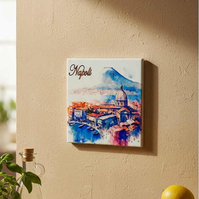 Mattonella in Ceramica 15x15cm Artigianale | Napoli: Golfo, Duomo e Vesuvio | Souvenir Artistico da Parete