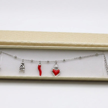Bracciale Catena Sottile con Tris Portafortuna: Cuore Votivo, Cornicello e Mano Corna - Finitura Oro o Argento