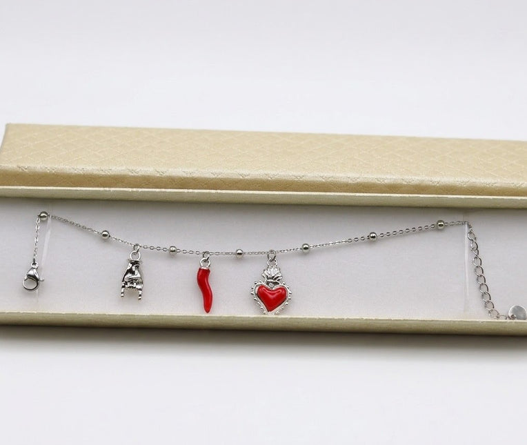 Bracciale Catena Sottile con Tris Portafortuna: Cuore Votivo, Cornicello e Mano Corna - Finitura Oro o Argento