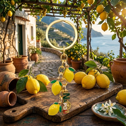 Portachiavi Limoni di Napoli in Metallo Dorato | Souvenir Costiera Amalfitana, Ciondolo Frutta Gioiello, Idea Regalo Italiana