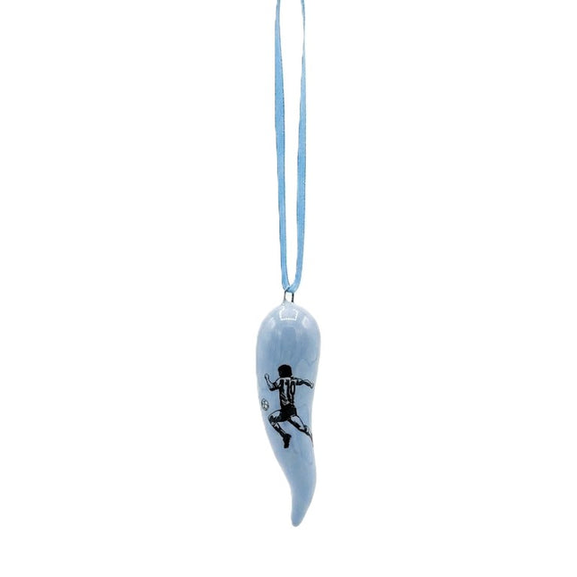 Cornicello  Portafortuna Celeste Napoli in Ceramica con Logo e Laccetto, Amuleto Scaramantico Napoletano Fatto a Mano, Regalo Tifosi Azzurri