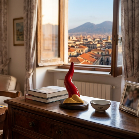 Scultura Corno Vesuvio in ceramica rossa e oro di Opere Partenopee posizionata su un mobile in salotto.