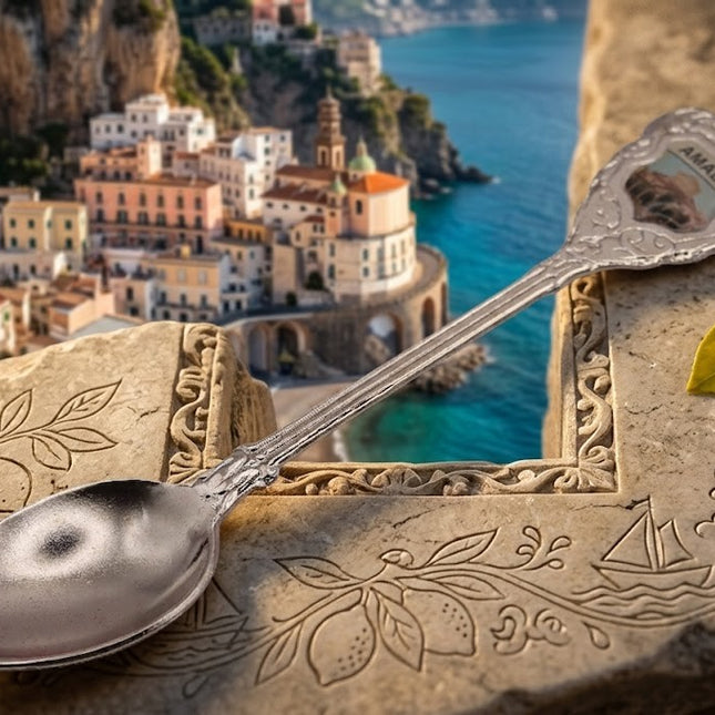 Cucchiaino Souvenir Vintage Amalfi, Sorrento e Napoli – Cucchiaio da Collezione Ornamentale in Metallo con Stemma Decorativo