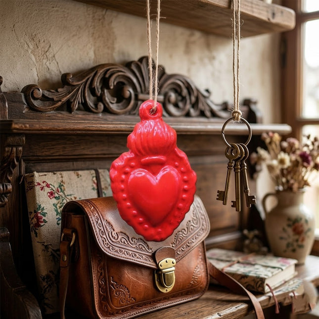 Cuore Sacro Decorativo in Ceramica con Laccetto in Spago - Rosso o Nero Lucido