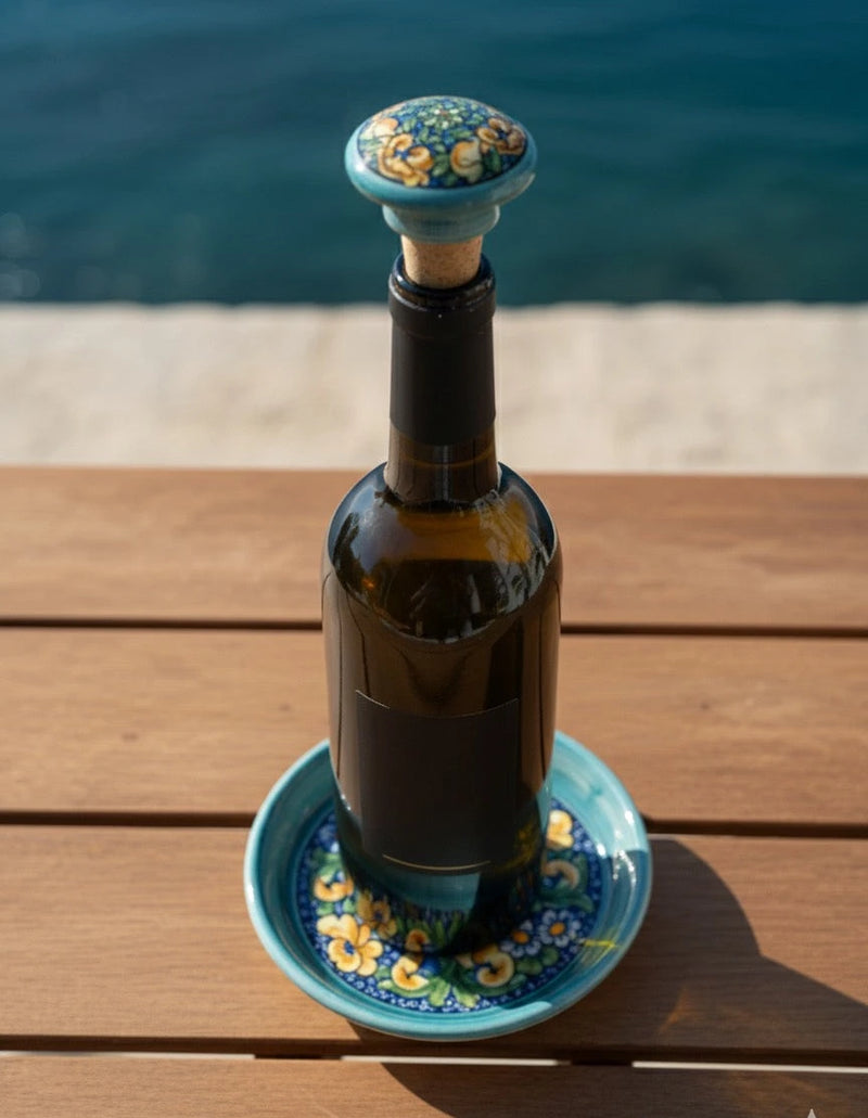 Bottle Stopper + Ceramic Bottle Coaster Gift Set | Hand-Painted Majolica