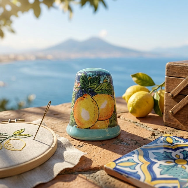 Ditale da Collezione in Ceramica Artigianale – Decori Mediterranei: Limoni e Maioliche – Regalo Sarta e Ricamo