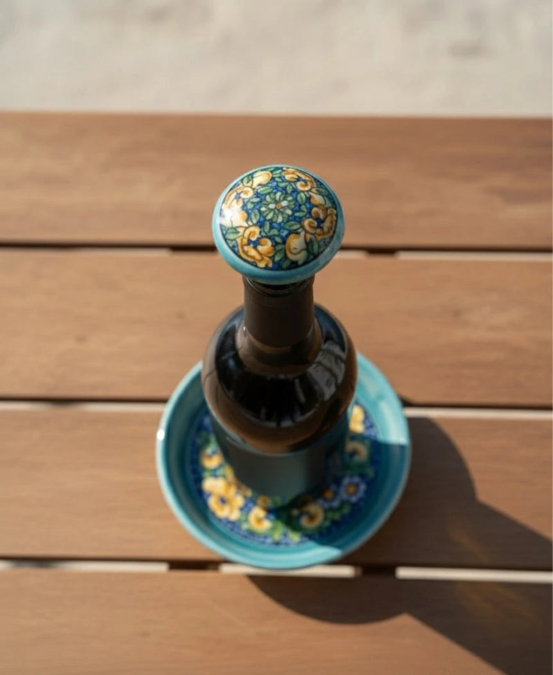 Bottle Stopper + Ceramic Bottle Coaster Gift Set | Hand-Painted Majolica