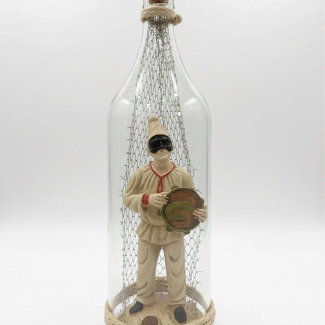 Pulcinella in resina con Tamburello in Bottiglia di Vetro - Artigianato