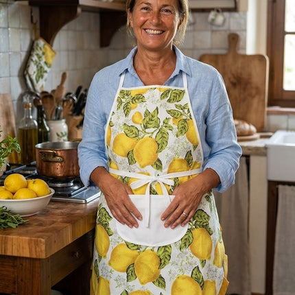 Grembiule da Cucina in 100% Cotone – Fantasia Limoni Gialli e Blu (Stile Mediterraneo)