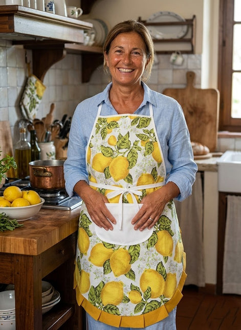 Grembiule da Cucina in 100% Cotone – Fantasia Limoni Gialli e Blu (Stile Mediterraneo)