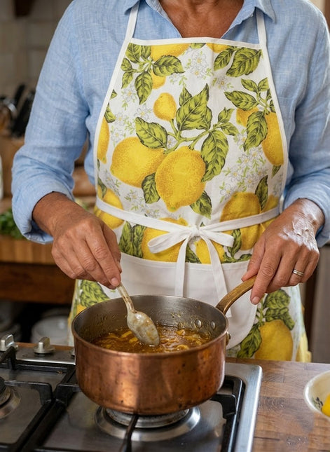 Grembiule da Cucina in 100% Cotone – Fantasia Limoni Gialli e Blu (Stile Mediterraneo)