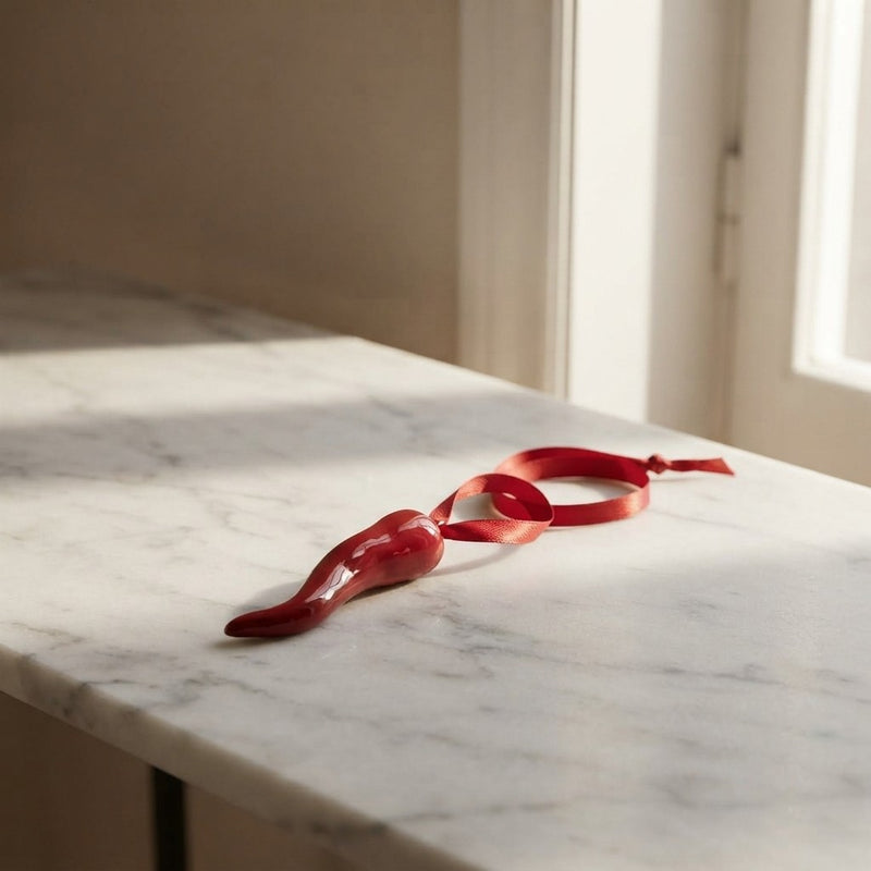 Cornicello Portafortuna Napoletano in Terracotta - Amuleto Artigianale Fatto a Mano con Seta Rossa