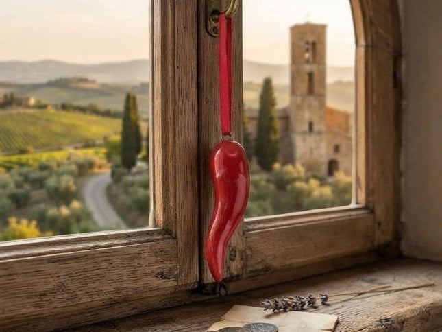 Amuleto della Felicità: Cornicello in Ceramica con nastrino in  seta  Rossa