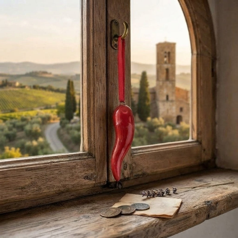 Amuleto della Felicità: Cornicello in Ceramica con nastrino in  seta  Rossa