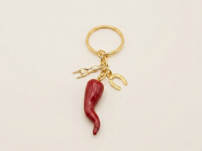 Cornicello  Portafortuna Artigianale (ORO) – Portachiavi Amuleto con Corna e Ferro di Cavallo Fatto a Mano