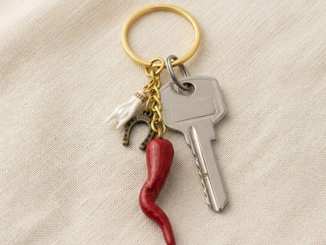 Cornicello  Portafortuna Artigianale (Bronzo e Bianco) – Portachiavi Amuleto Fatto a Mano