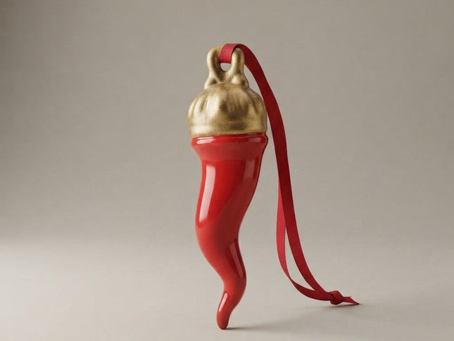 Corno Corona  Portafortuna in Ceramica 16 cm – Rosso Scarlatto con Corona Oro Zecchino – Cornetto Napoletano Artigianale Fatto a Mano