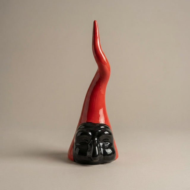 Corno Grande con Maschera Pulcinella-Artigianale in Ceramica Fatta a Mano.Idea regalo scaramantico.Portafortuna.