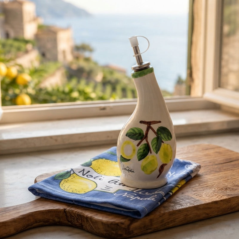 Oliera in Ceramica Dipinta a Mano con Strofinaccio Napoli | Set Regalo Cucina Limoni