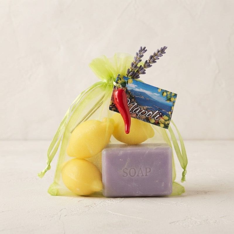 Saponi Profumatori Armadi e Biancheria | Lavanda con Fiori o Limone con Cornetto Portafortuna | Confezione in Velo Artigianale