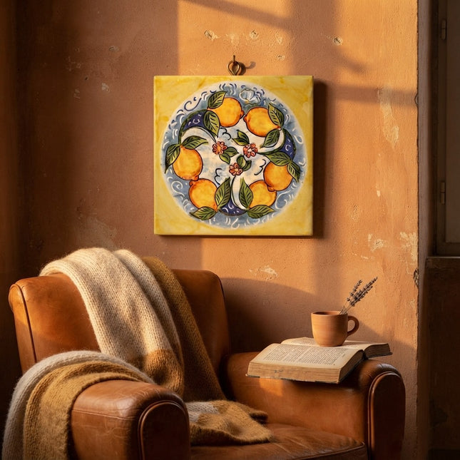 Mattonella Decorativa in Ceramica Fatta a Mano - Tema Limoni