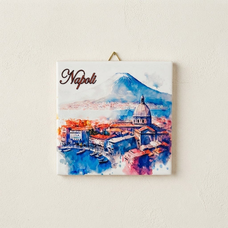 Mattonella in Ceramica 15x15cm Artigianale | Napoli: Golfo, Duomo e Vesuvio | Souvenir Artistico da Parete