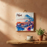 Mattonella in Ceramica 15x15cm Artigianale | Napoli: Golfo, Duomo e Vesuvio | Souvenir Artistico da Parete
