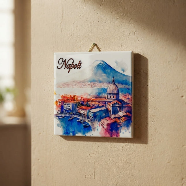 Mattonella in Ceramica 15x15cm Artigianale | Napoli: Golfo, Duomo e Vesuvio | Souvenir Artistico da Parete