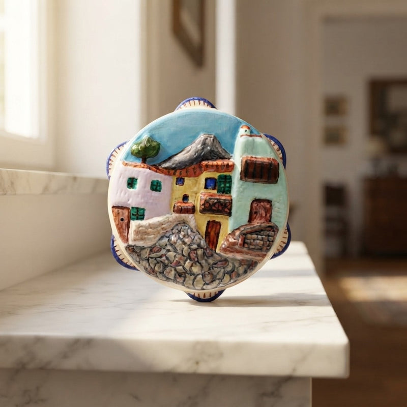 Tamburello Napoletano in Ceramica Dipinto a Mano - Scorcio Partenopeo con Vesuvio e Case Tipiche