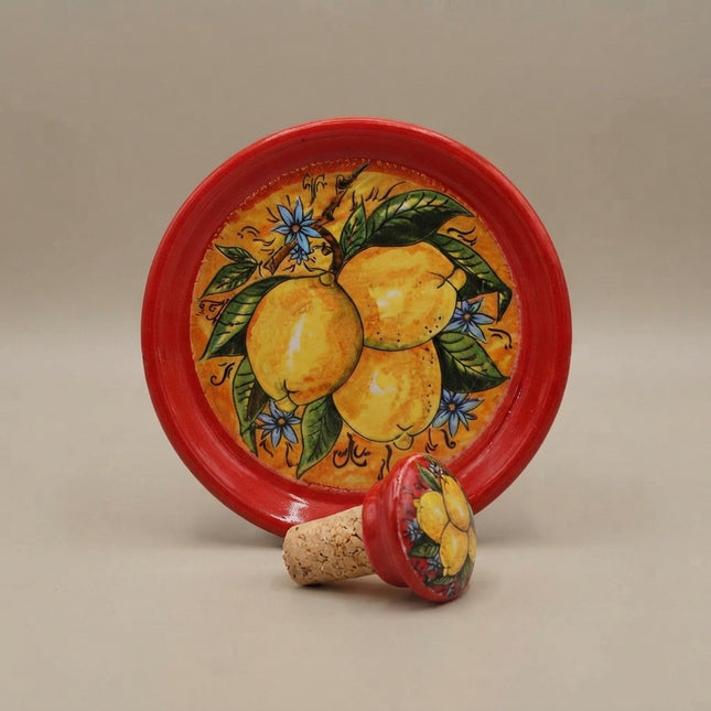 Set Regalo Tappo Bottiglia + Piattino Sottobottiglia in Ceramica | Limoni Dipinti a Mano