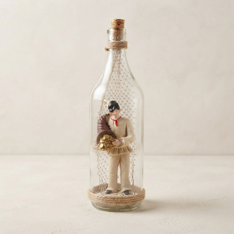Pulcinella in a Bottle with Net and Cornucopia – Neapolitan Artisan Sculpture