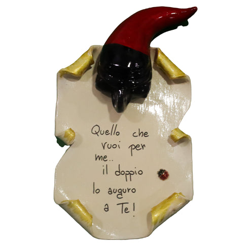 Pergamena Portafortuna in Ceramica con Pulcinella e Corno – Personalizzabile