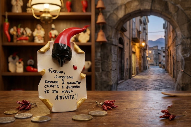 Pergamena Portafortuna in Ceramica con Pulcinella e Corno – Personalizzabile