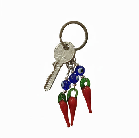 Lucky Keychain with Evil Eye and Red Horn in Glass