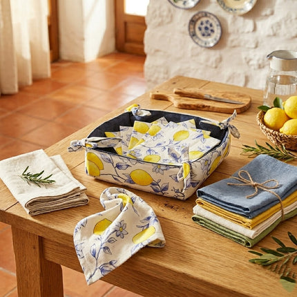 Cestino Portapane Reversibile con Limoni - Varianti Blu e Giallo