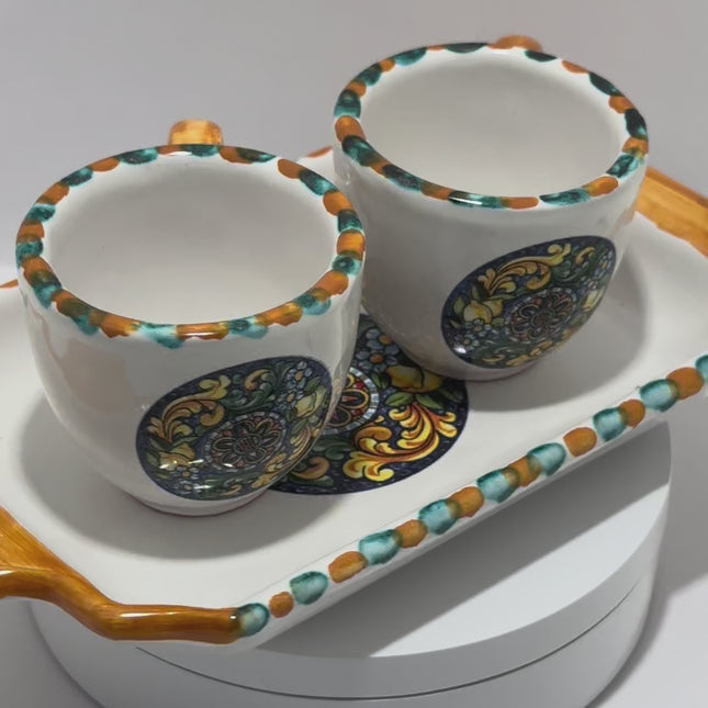 Tray Set + 2 Hand-Painted Neapolitan Ceramic Cups - Majolica Decor