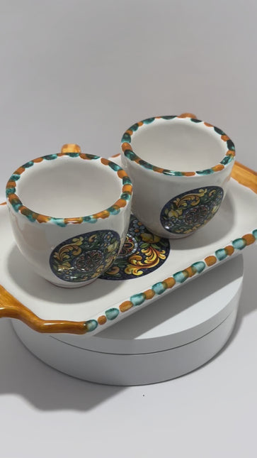 Set Vassoio + 2 Tazzine in Ceramica Artigianale Napoletana - Decoro Maioliche