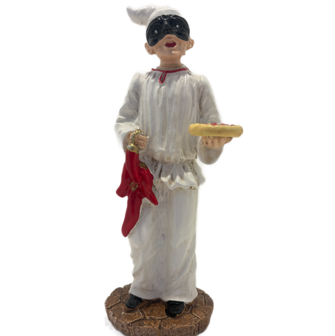Statua Pulcinella in Resina con Pizza e Peperoncini - Artigianato Napoletano