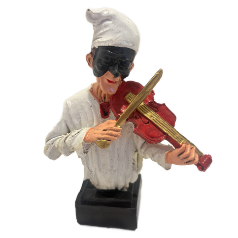 Busto di Pulcinella con Violino – Statuetta Artigianale in Resina Dipinta a Mano